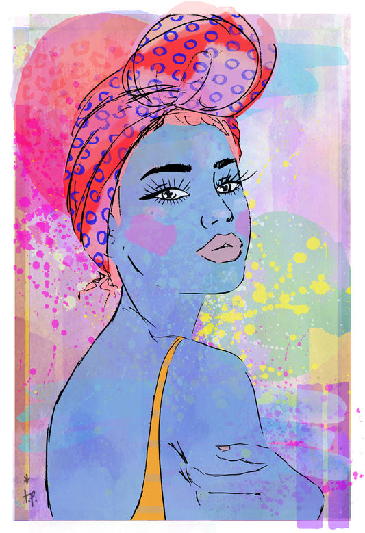 Mixed media illustration of a  woman in a patterned headwrap Tatiana Poblah