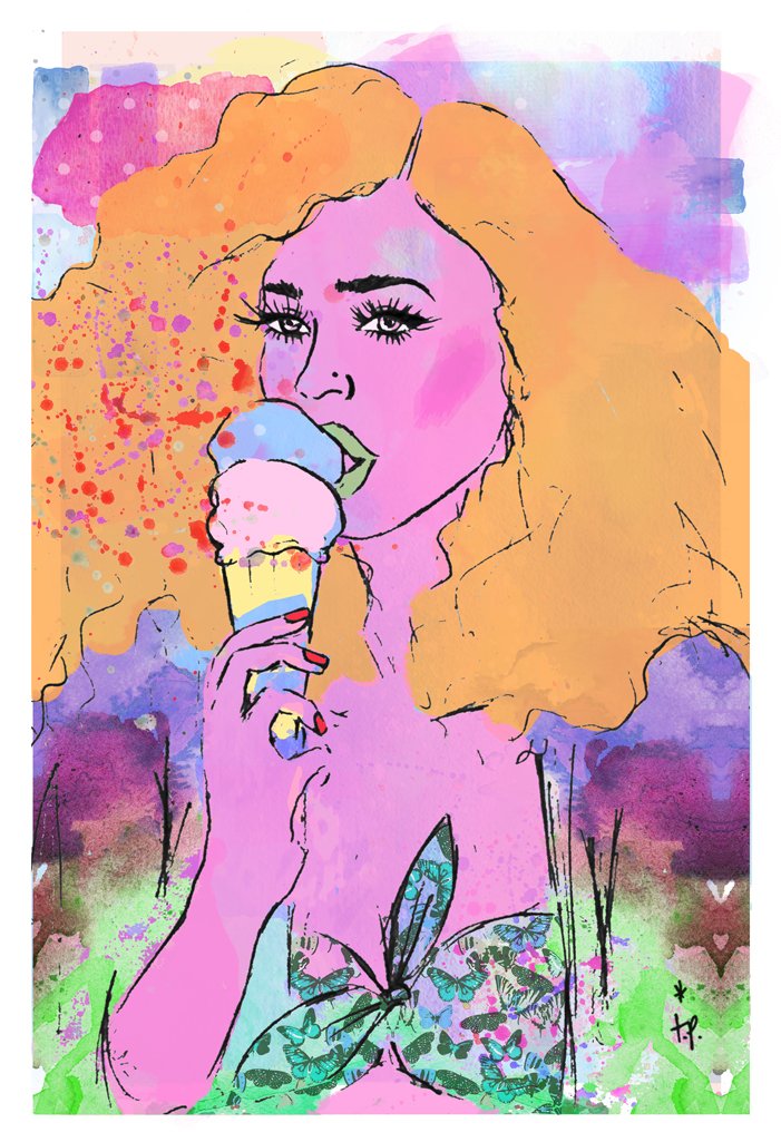Mixed media illustration of a woman eating ice-cream by Tatiana Poblah
