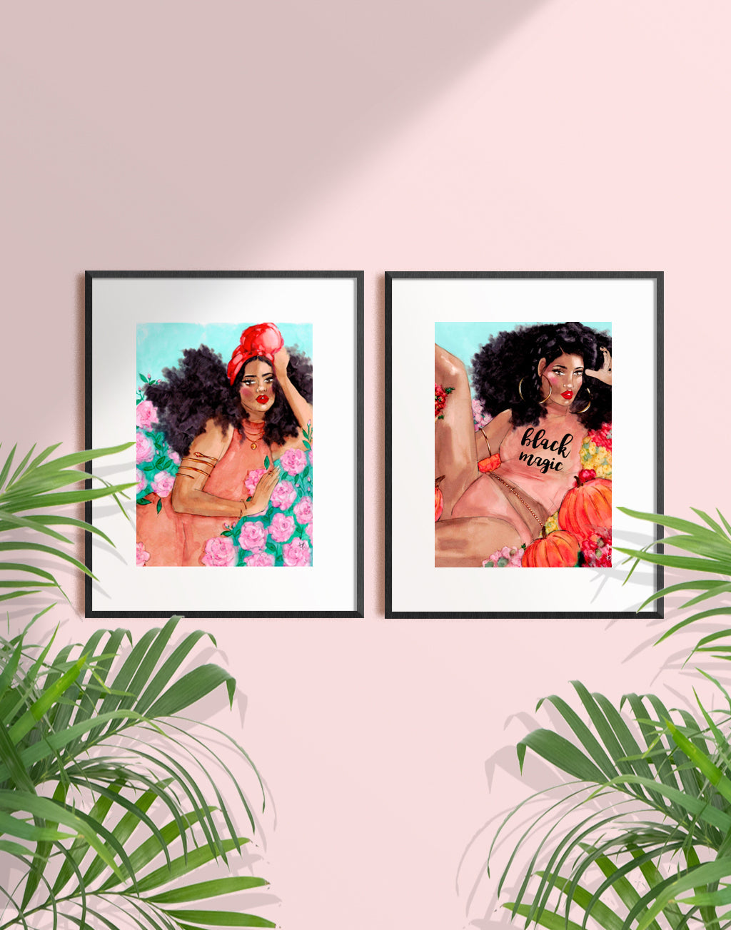 Two framed illustrations of two beautiful women with big natural hair sitting amongst flowers by Tatiana Poblah