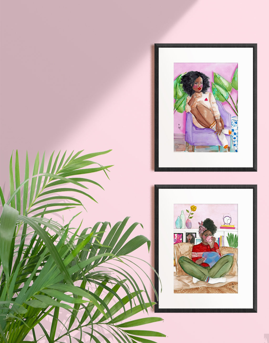 Framed illustration of a beautiful black woman sitting with her legs up on a lilac armchair wearing sports socks and a cozy sweater by Tatiana Poblah