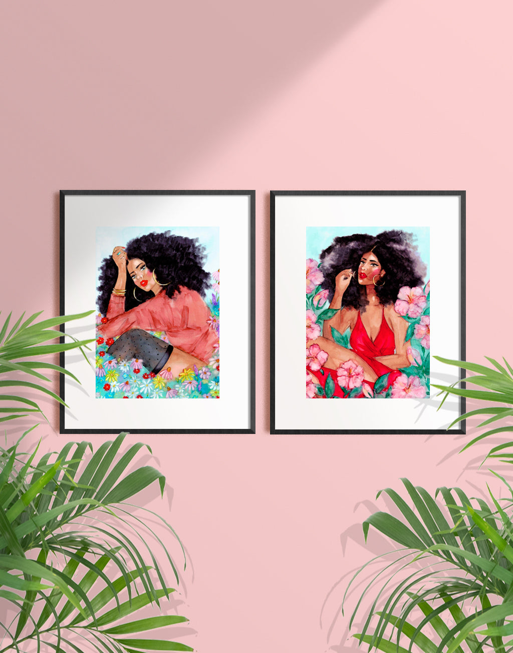Framed illustration of a beautiful woman among hibiscus flowers by Tatiana Poblah