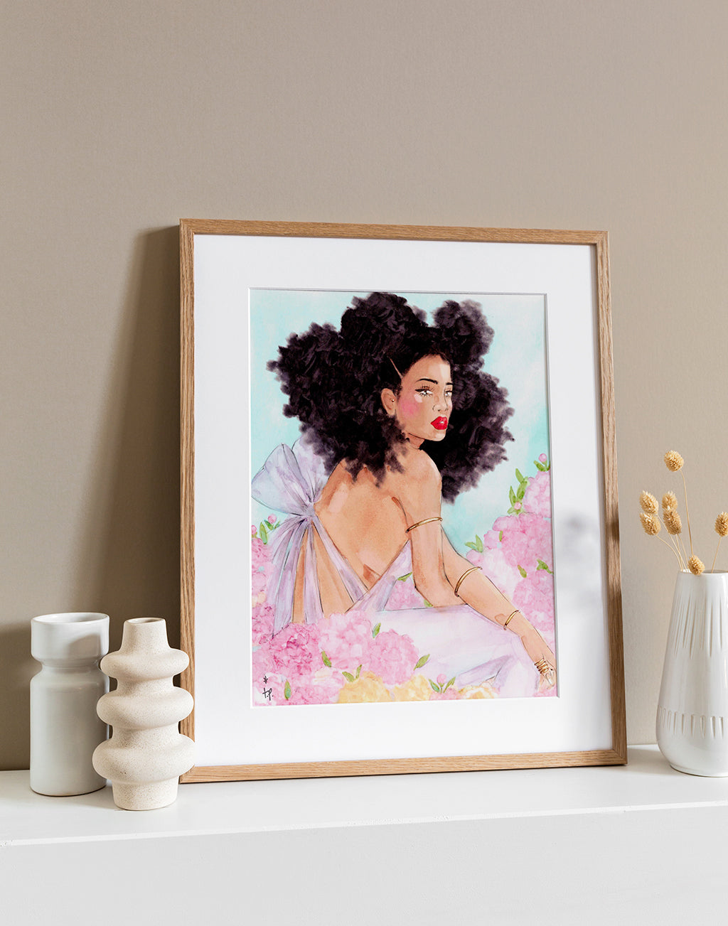 Illustration in a light frame of a beautiful woman with big curly hair wearing a lilac jumpsuit and sitting gracefully in a field of peonies by Tatiana Poblah