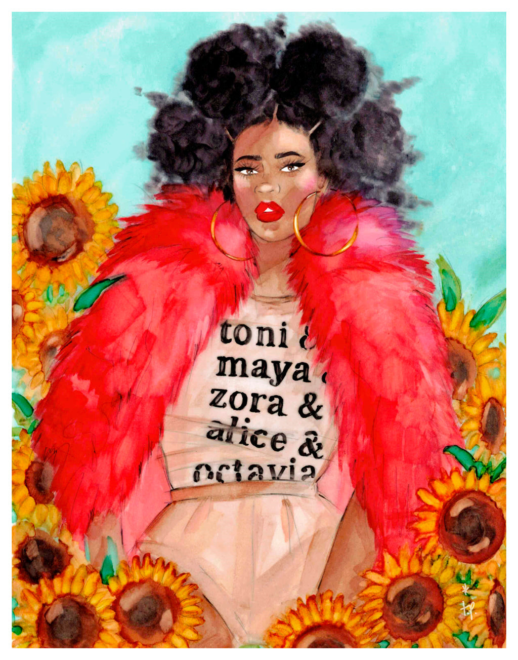 Illustration of a woman wearing a red fur sitting amongst  sunflowers by Tatiana Poblah