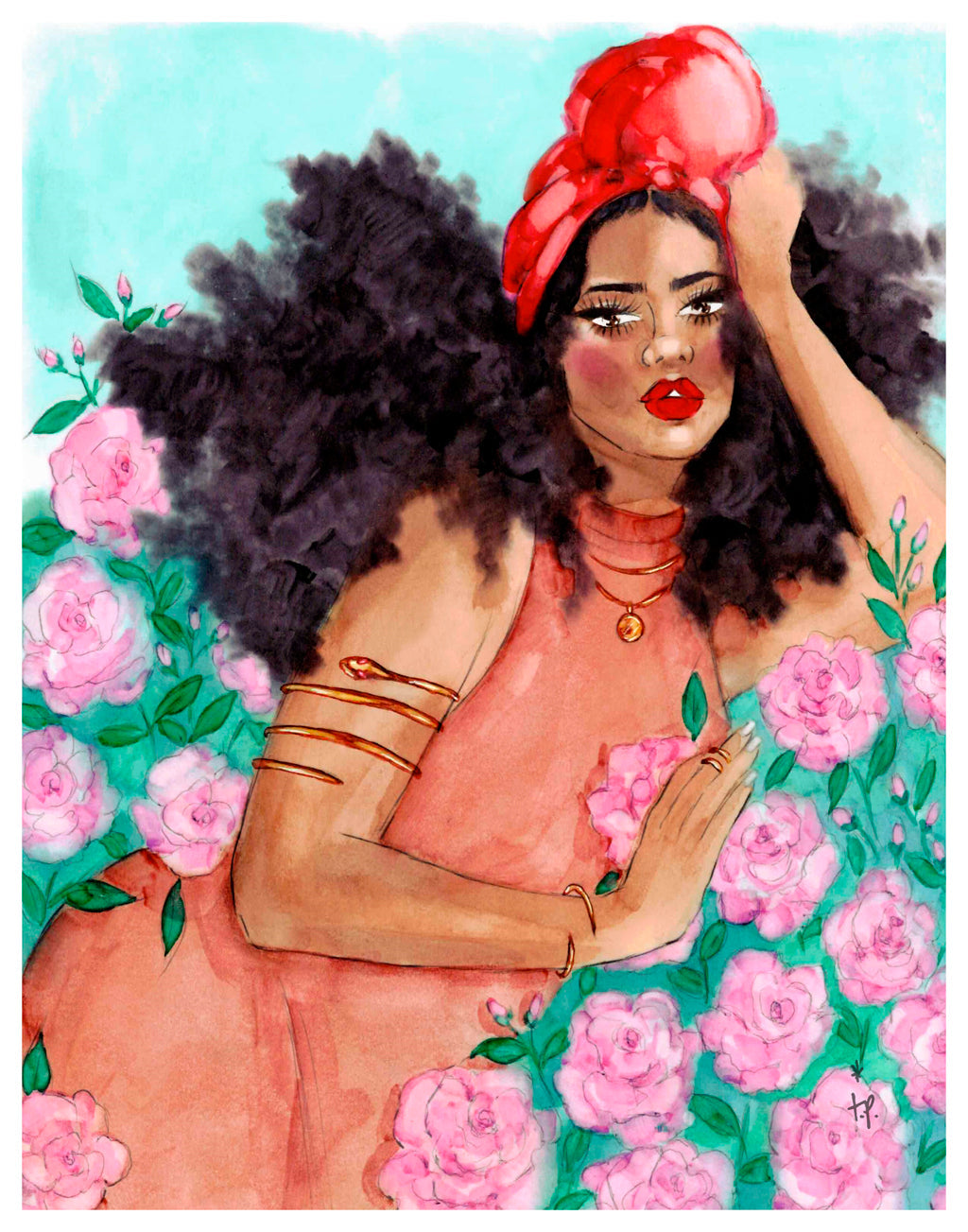 Illustration of a beautiful woman laying in a rose bush by Tatiana Poblah