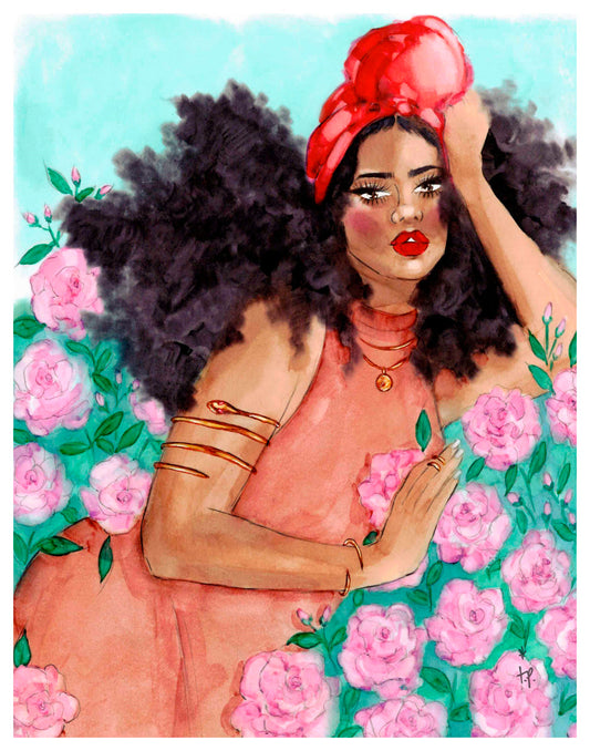 Illustration of a beautiful woman laying in a rose bush by Tatiana Poblah