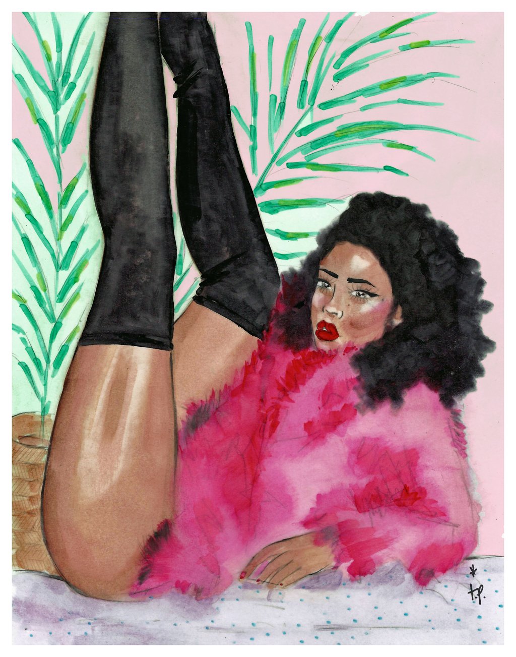 Woman Wearing a Pink Fur and High Boots Art Print Illustration By Tatiana Poblah