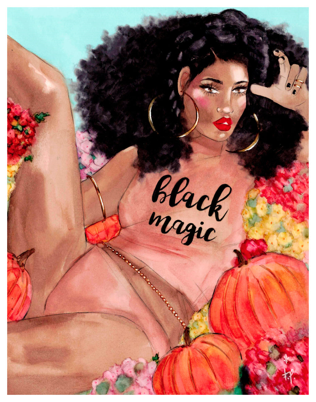 Illustration of a beautiful woman wearing a tee shirt that says black magic chilling in a pumpkin patch  by Tatiana Poblah