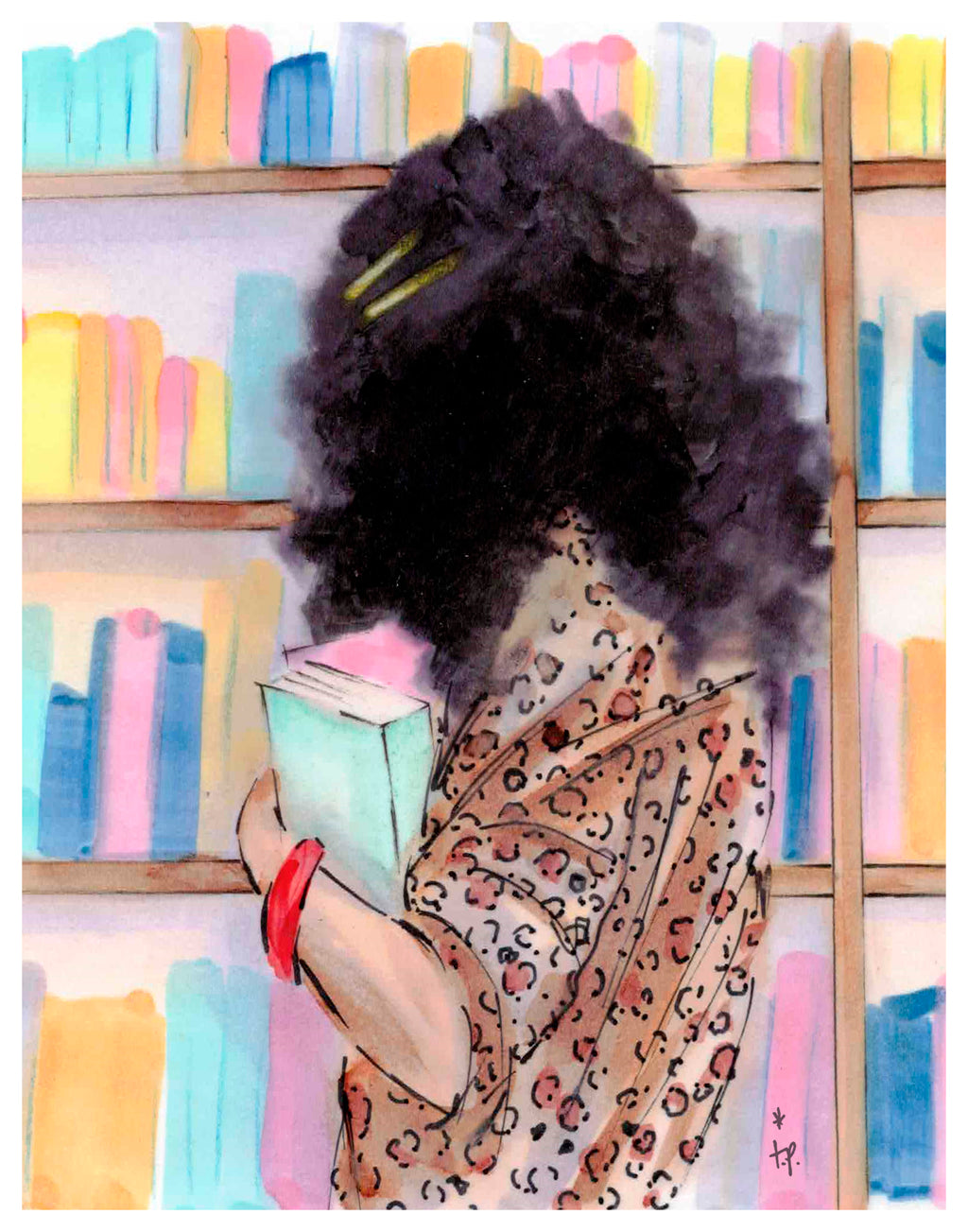 Illustration of a young woman at a library looking at a bookshelf full of books by Tatiana Poblah