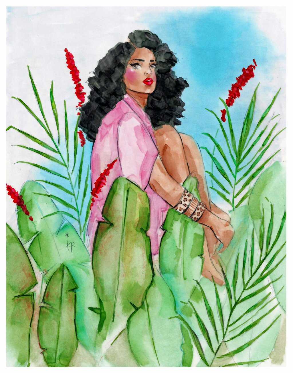 Illustration of a woman with curly hair wearing a pink shirt and sitting with her knees to her chest amongst tropical flowers and plants by Tatiana Poblah